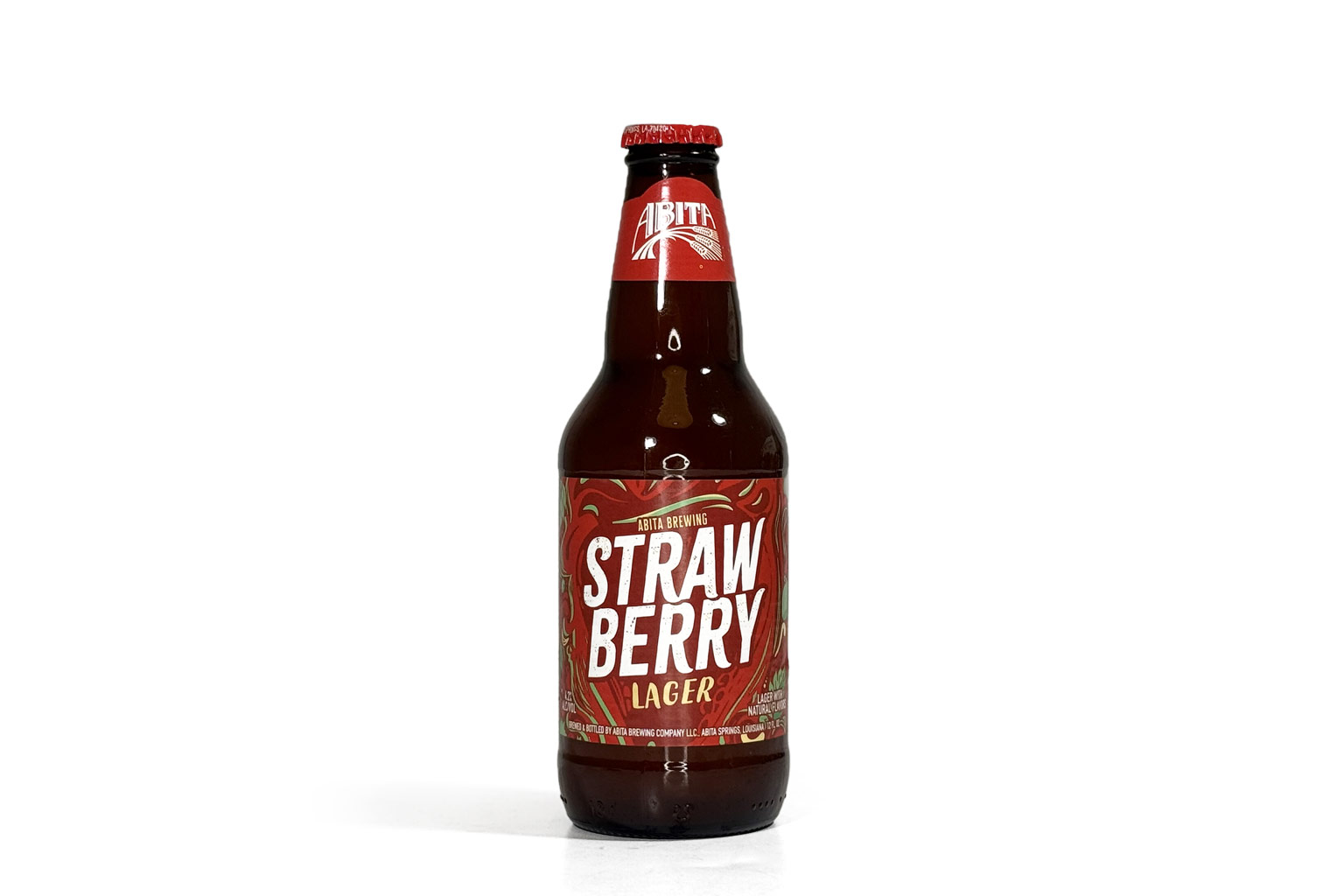 12oz bottle of Abita Strawberry Lager with a red label featuring strawberries, brewed with real Louisiana strawberries.