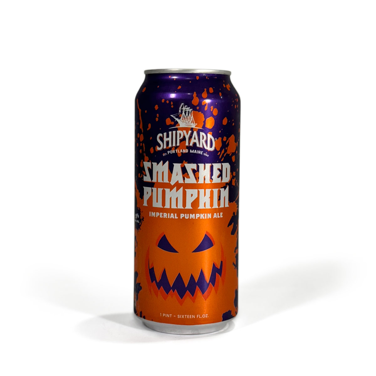 16oz can of Shipyard Smashed Pumpkin Imperial Pumpkin Ale featuring a bold orange and purple Halloween-themed label with a jack-o’-lantern face.