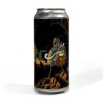 A 16 oz can of Abomination Brewing Company’s Forbidden Pumpkin Imperial Milkshake IPA with a spooky Halloween illustration featuring a masked figure holding a carved pumpkin, standing among a pile of pumpkins under a dark sky.
