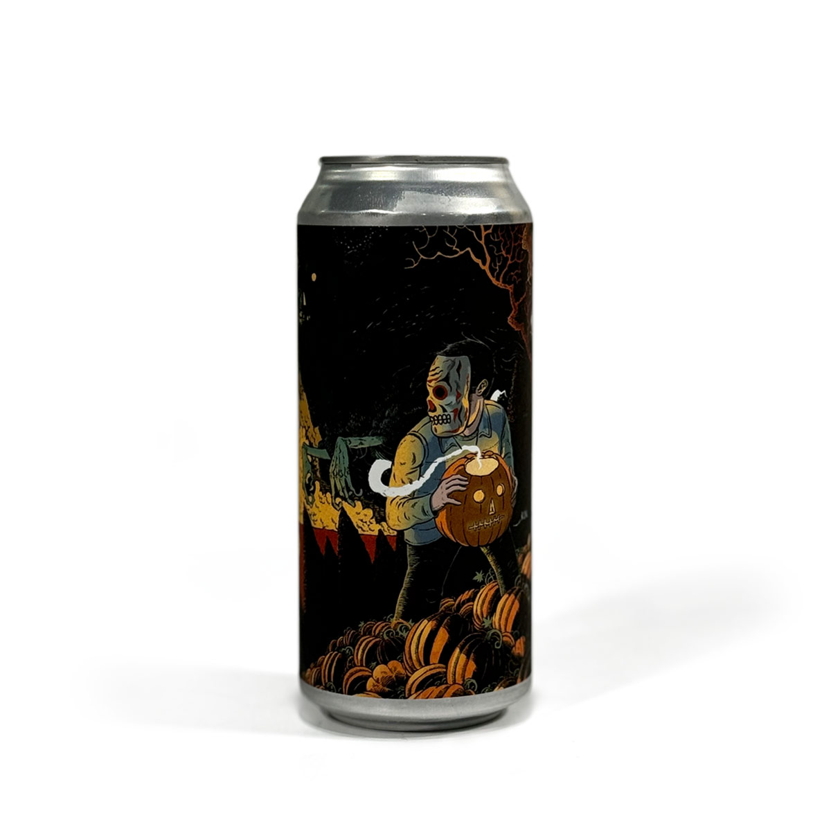 A 16 oz can of Abomination Brewing Company’s Forbidden Pumpkin Imperial Milkshake IPA with a spooky Halloween illustration featuring a masked figure holding a carved pumpkin, standing among a pile of pumpkins under a dark sky.