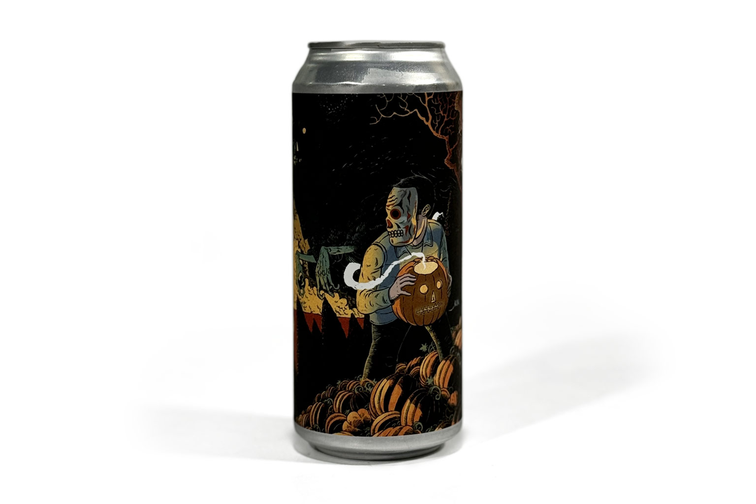 A 16 oz can of Abomination Brewing Company’s Forbidden Pumpkin Imperial Milkshake IPA with a spooky Halloween illustration featuring a masked figure holding a carved pumpkin, standing among a pile of pumpkins under a dark sky.