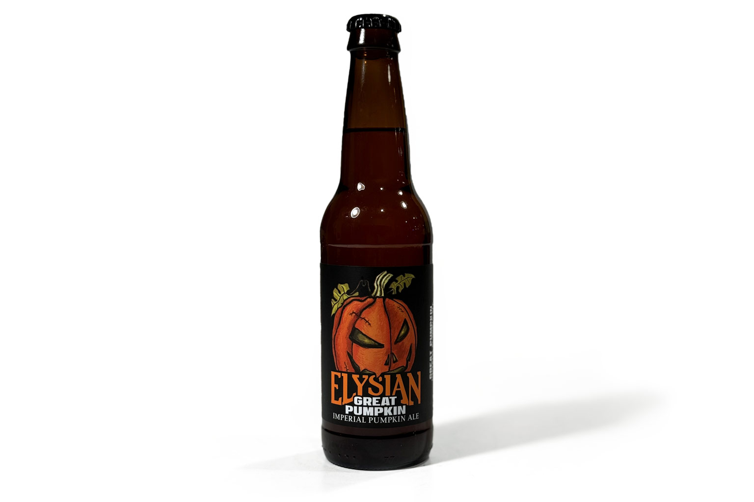 12-oz bottle of Elysian Great Pumpkin Imperial Pumpkin Ale on white, photographed for a denimbmc.com beer review.