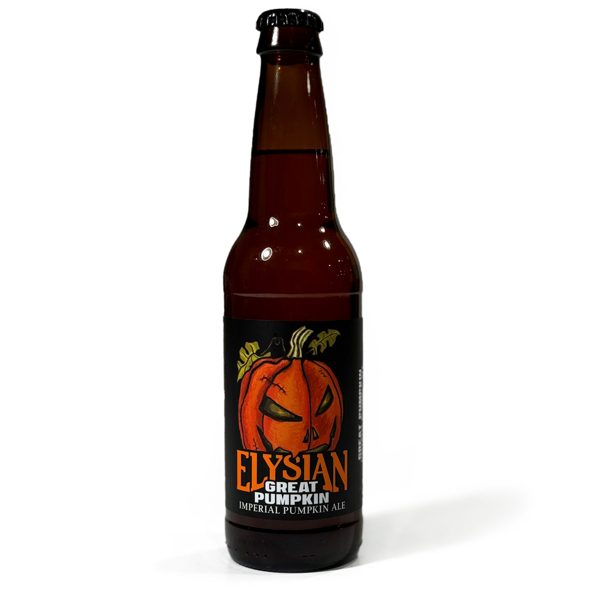 12-oz bottle of Elysian Great Pumpkin Imperial Pumpkin Ale on white, photographed for a denimbmc.com beer review.