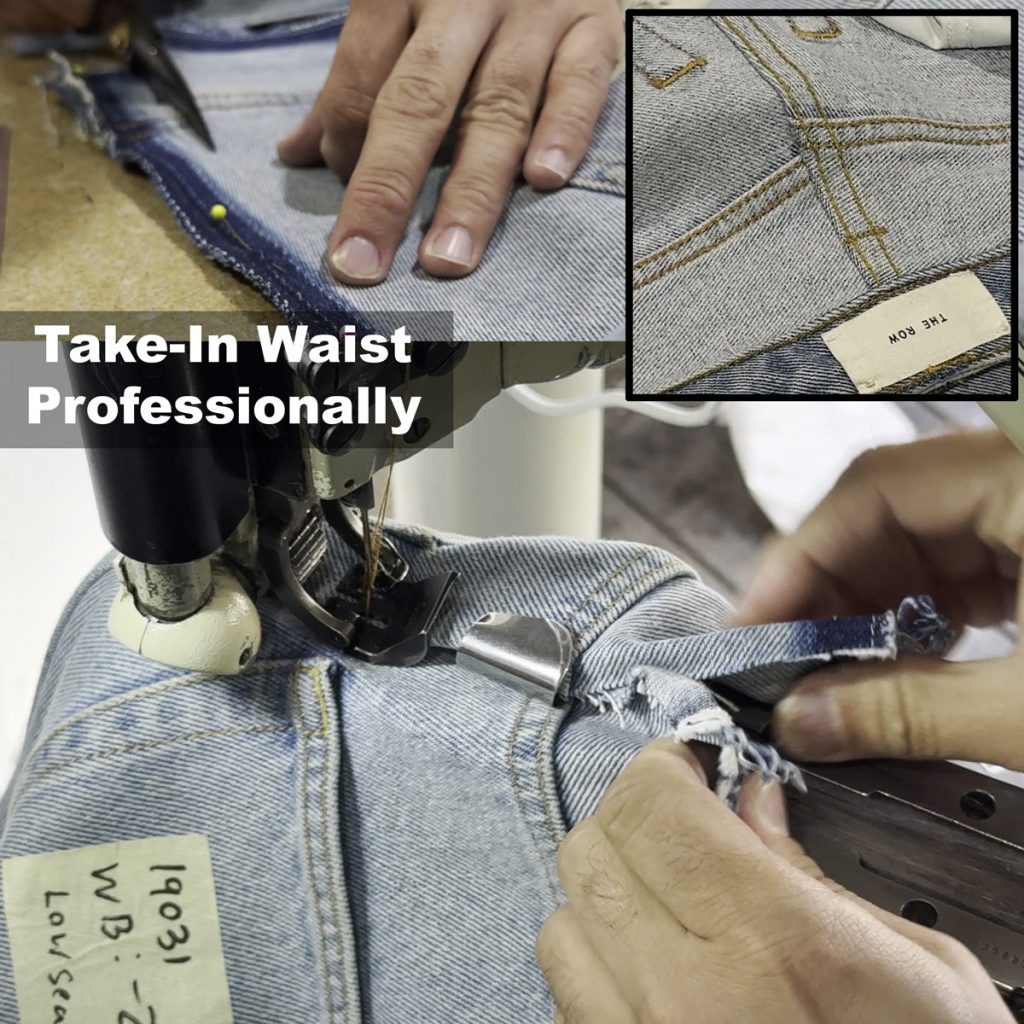 How to take in jeans at the waist professionally using industrial feed-off-the-arm chainstitch machines. The image shows cutting, sewing, and a clean inside finish before and after without darts.