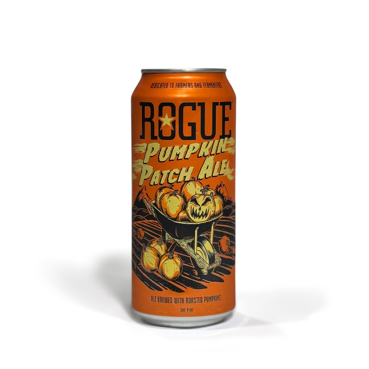A 16 oz can of Rogue Pumpkin Patch Ale, a fall seasonal beer brewed with roasted pumpkins. The can design includes rustic illustrations and harvest colors, emphasizing Rogue’s commitment to using real ingredients and celebrating pumpkin season. The label includes slogans like “Dedicated to Farmers and Fermenters” and “Ale Brewed With Roasted Pumpkins.” This high-resolution image is intended for reviews, blog features, and product showcases during the autumn beer season.