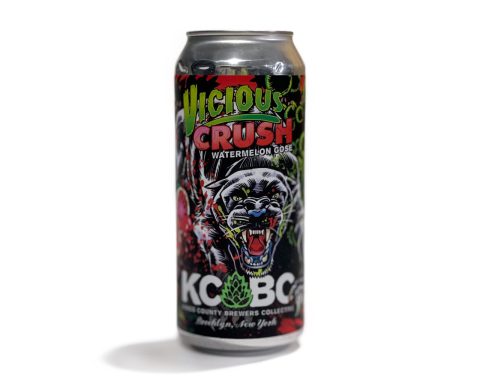 KCBC Vicious Crush Watermelon Lime Gose in a 16 ounce can, sour ale brewed in Brooklyn, New York by Kings County Brewers Collective.
