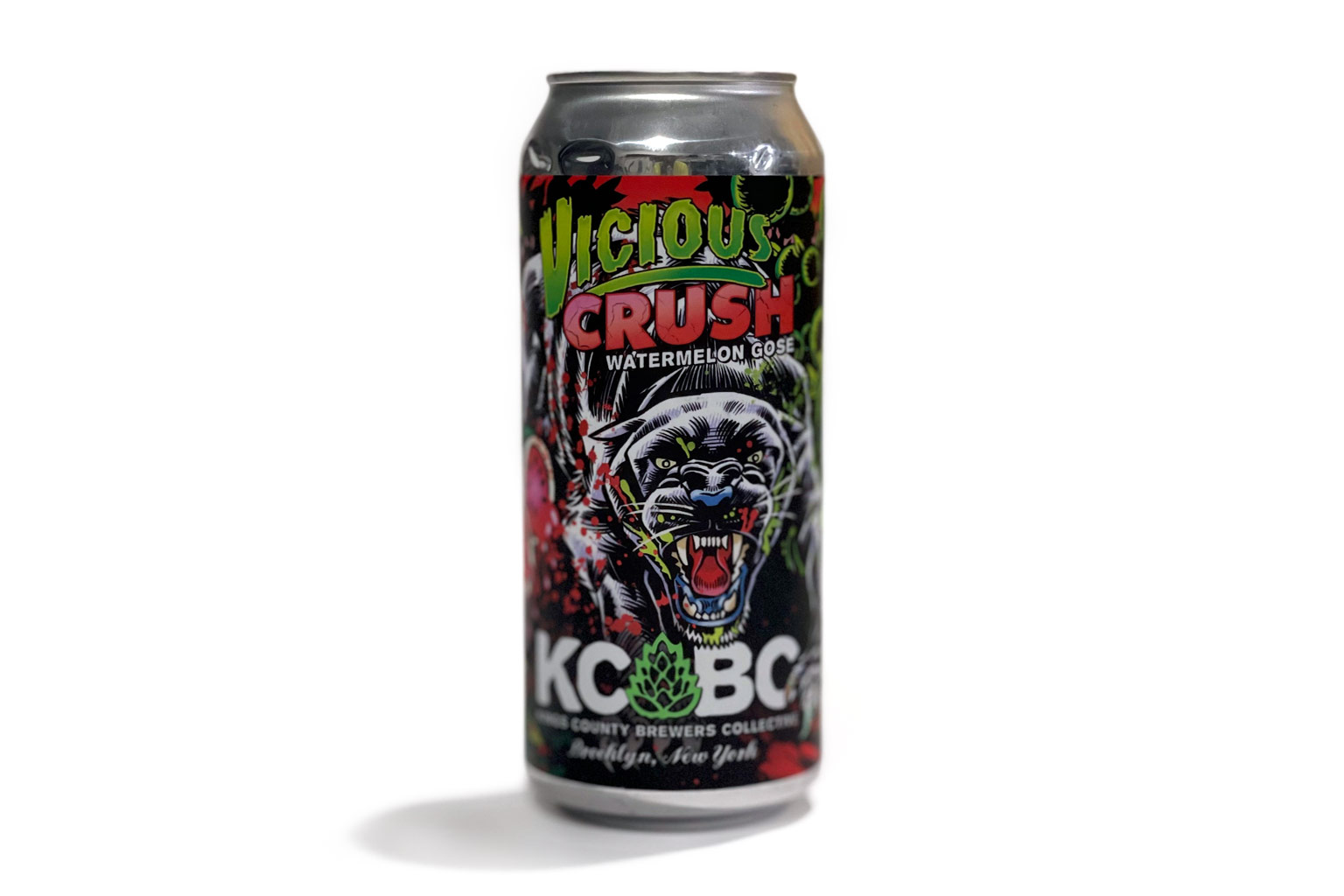 KCBC Vicious Crush Watermelon Lime Gose in a 16 ounce can, sour ale brewed in Brooklyn, New York by Kings County Brewers Collective.