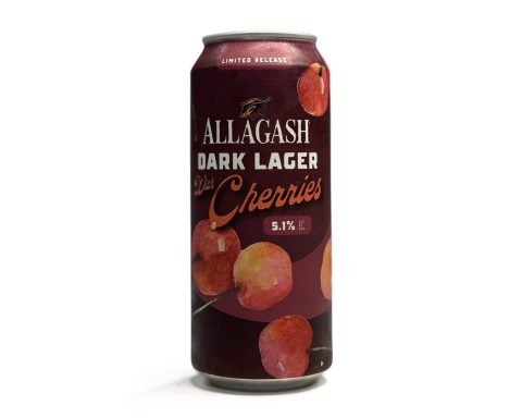 A 16oz can of Allagash Dark Lager with Cherries, featuring a burgundy label with illustrated cherries and “Limited Release” branding, photographed on a clean white background.