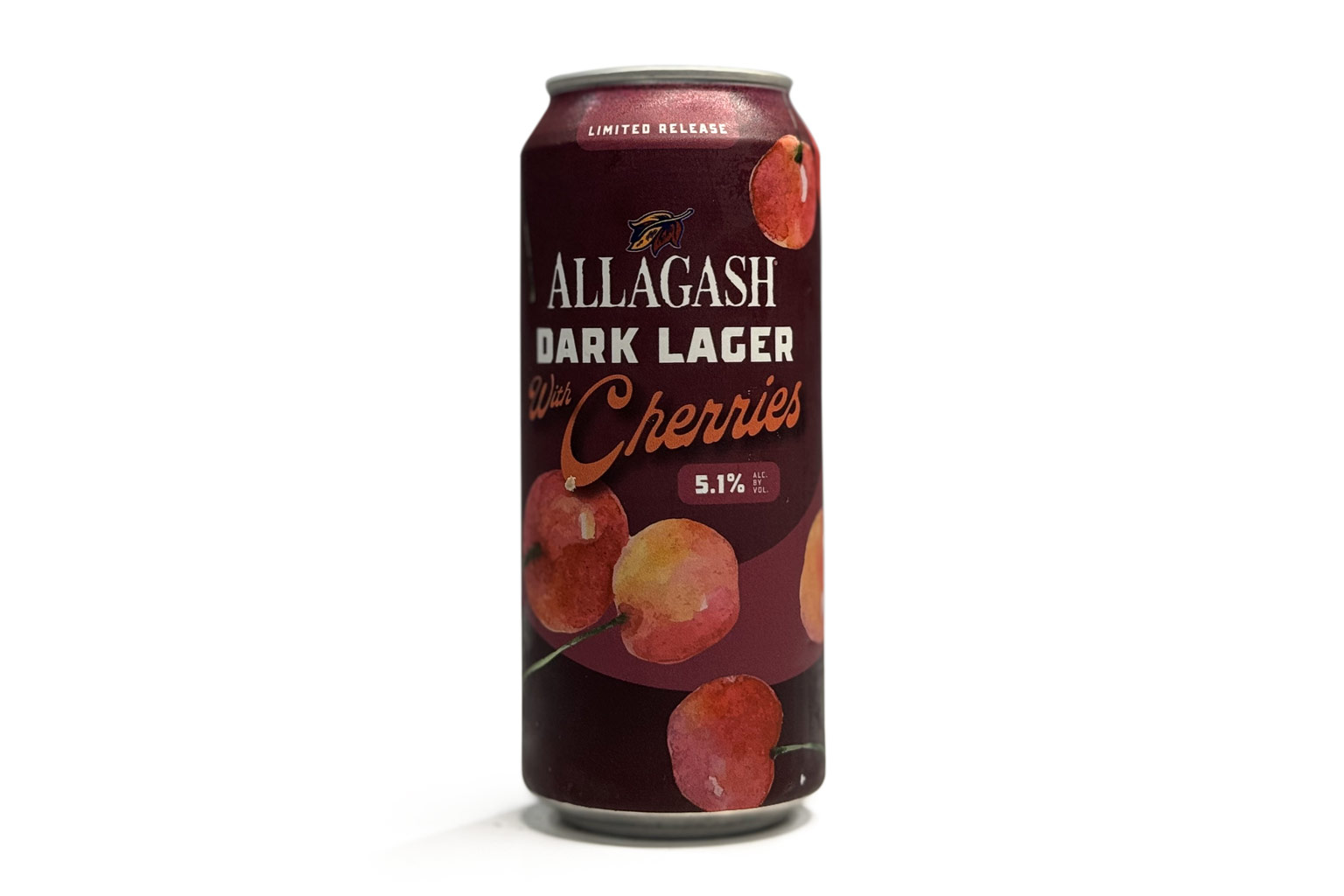 A 16oz can of Allagash Dark Lager with Cherries, featuring a burgundy label with illustrated cherries and “Limited Release” branding, photographed on a clean white background.