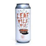 Photograph of a 16oz can of Leaf Pile Pie Ale, a pumpkin ale collaboration between Greenport Harbor Brewing Company and Root + Branch, featuring a clean white label with orange lettering and an illustrated pie graphic.