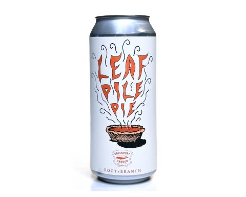 Photograph of a 16oz can of Leaf Pile Pie Ale, a pumpkin ale collaboration between Greenport Harbor Brewing Company and Root + Branch, featuring a clean white label with orange lettering and an illustrated pie graphic.
