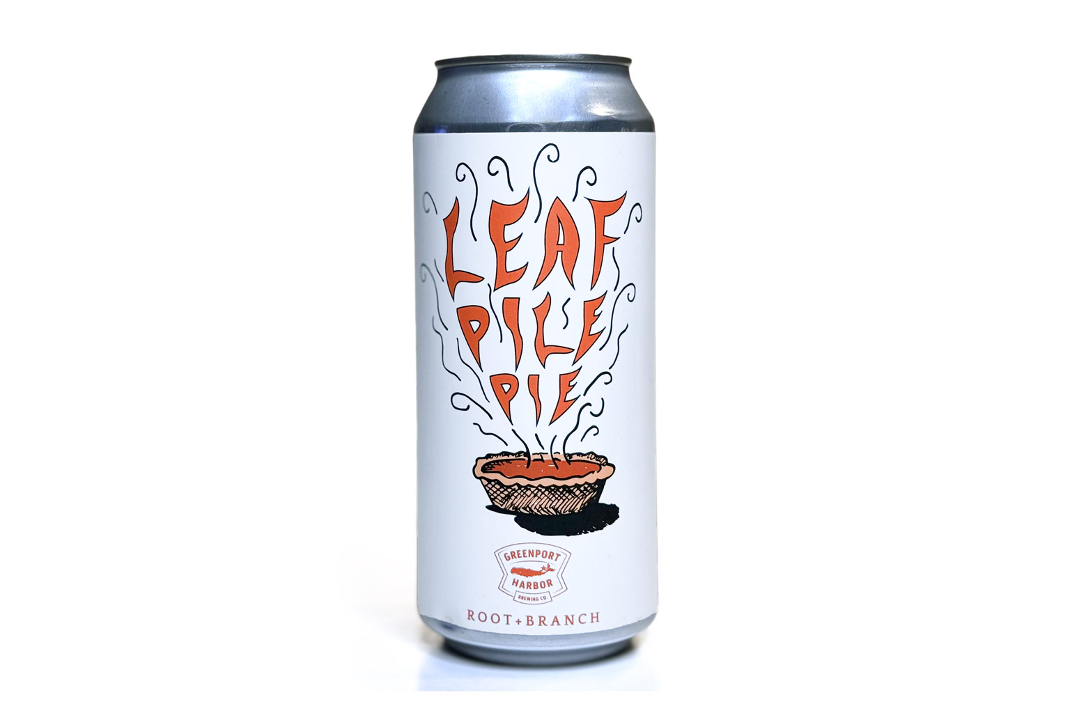 Photograph of a 16oz can of Leaf Pile Pie Ale, a pumpkin ale collaboration between Greenport Harbor Brewing Company and Root + Branch, featuring a clean white label with orange lettering and an illustrated pie graphic.