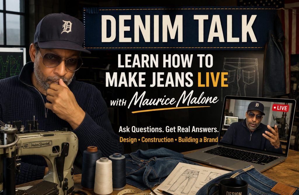 Denim Talk banner showing Maurice Malone with sewing machine and laptop teaching how to make jeans live.