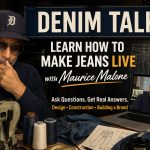 Denim Talk banner showing Maurice Malone with sewing machine and laptop teaching how to make jeans live.
