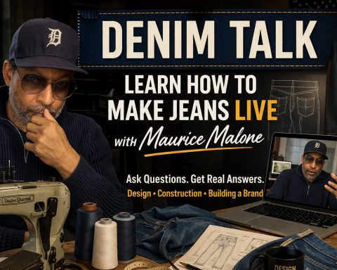 Denim Talk banner showing Maurice Malone with sewing machine and laptop teaching how to make jeans live.