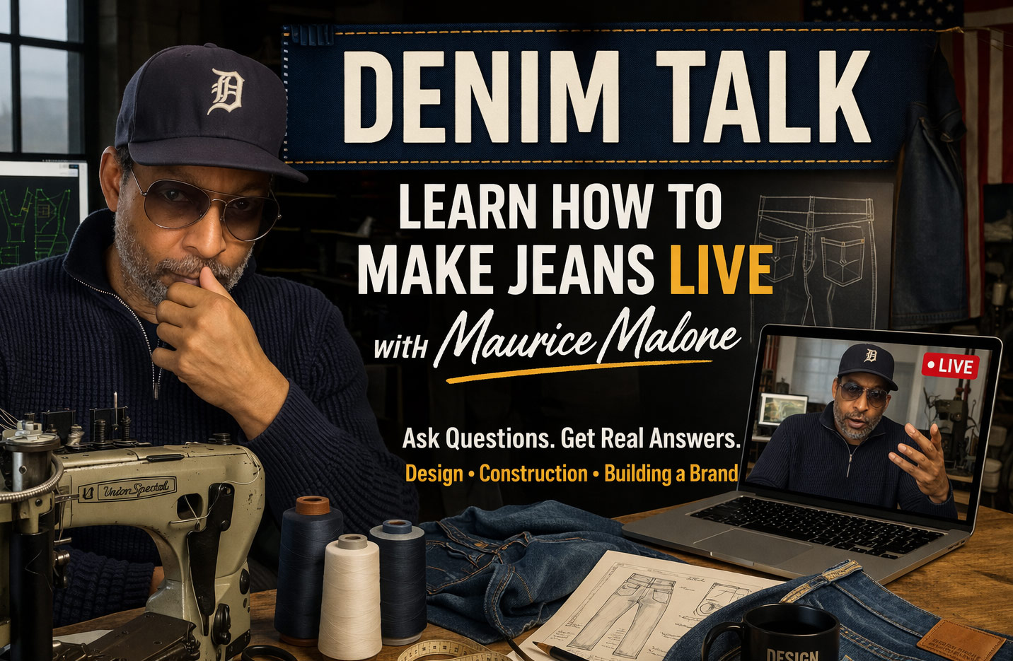 Denim Talk banner showing Maurice Malone with sewing machine and laptop teaching how to make jeans live.